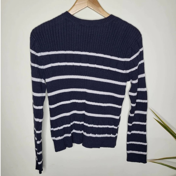 Equipment Femme Cotton Cashmere Stripe Ribbed Knit Button Shoulder Sweater - L - Picture 5 of 7